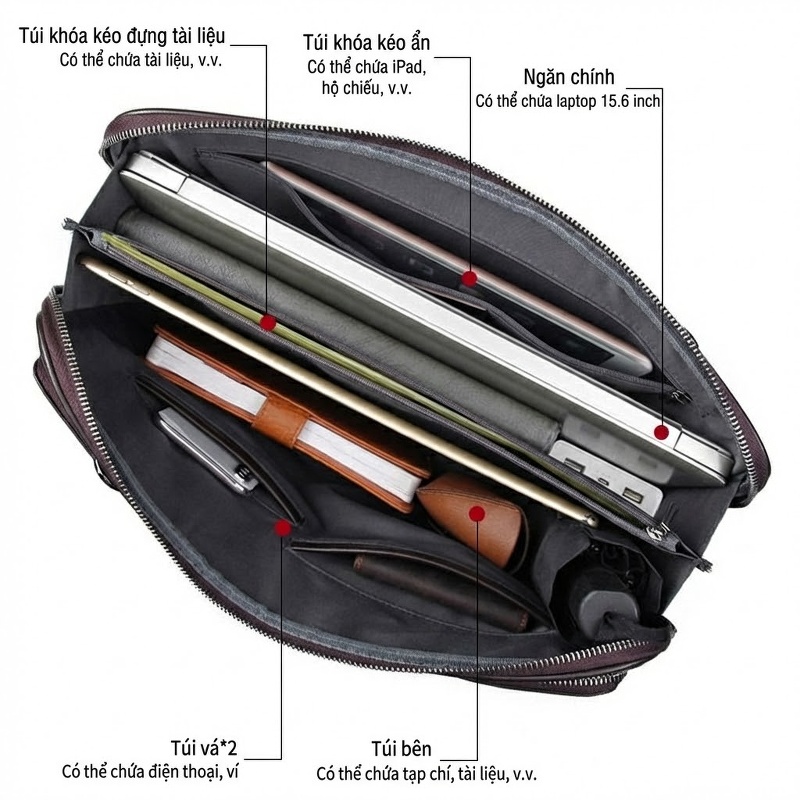 Cặp Công Sở Nam Da Bò Đựng Laptop 15.6 Inch Chống Nước Màu Nâu