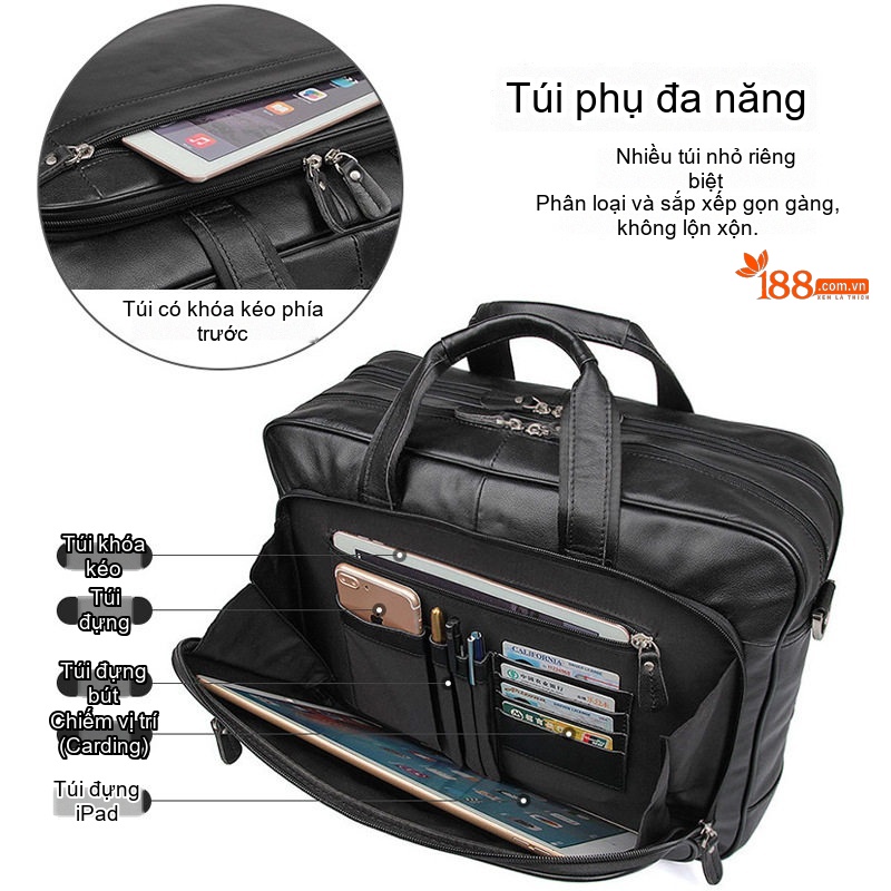 Cặp Công Sở Nam Da Bò Đựng Laptop 17 inch Màu Đen