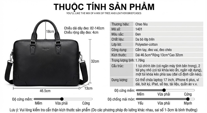 Cặp công sở nam da bò đựng laptop 17 inch, túi xách tay đeo chéo nhiều ngăn chi tiết 5