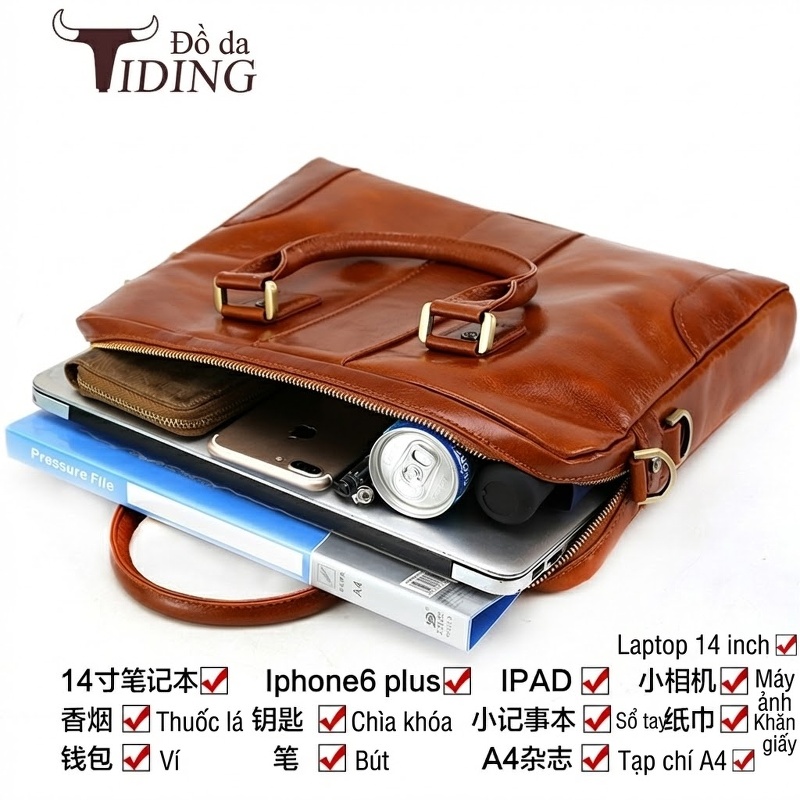 Cặp Công Sở Nam Da Bò Đựng Laptop Có Dây Đeo Màu Đen, Nâu