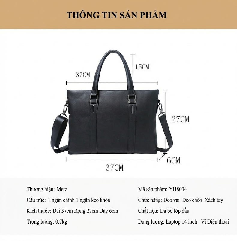 Cặp Công Sở Nam Da Bò Đựng Laptop, Tài Liệu, Túi Đeo Vai, Túi Xách Tay Màu Đen chi tiết 17