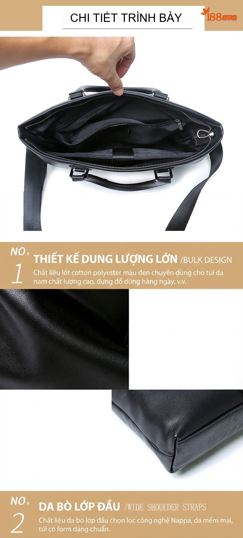 Cặp Công Sở Nam Da Bò Đựng Laptop, Tài Liệu, Túi Đeo Vai, Túi Xách Tay Màu Đen chi tiết 15