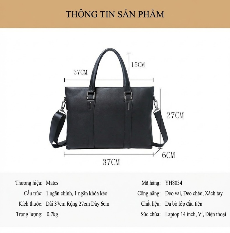 Cặp Công Sở Nam Da Bò Đựng Laptop, Tài Liệu, Túi Đeo Vai, Túi Xách Tay Màu Đen chi tiết 10