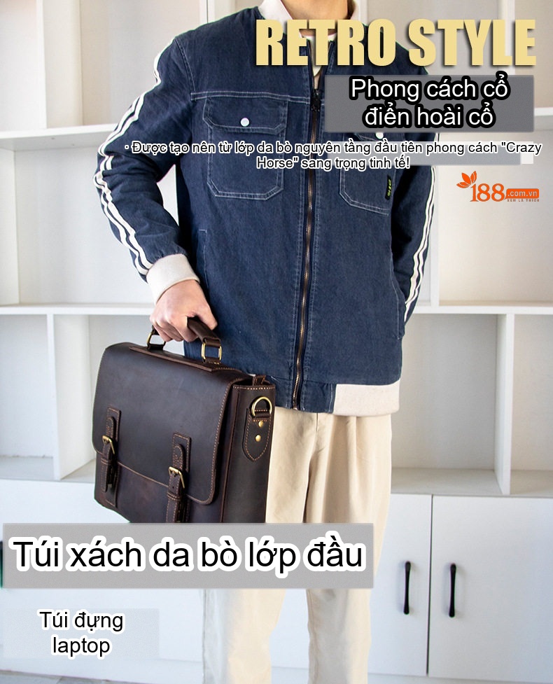 Cặp Công Sở Nam Da Bò Mad Horse Vintage Đeo Chéo Đựng Tài Liệu Màu Nâu Đậm chi tiết 1