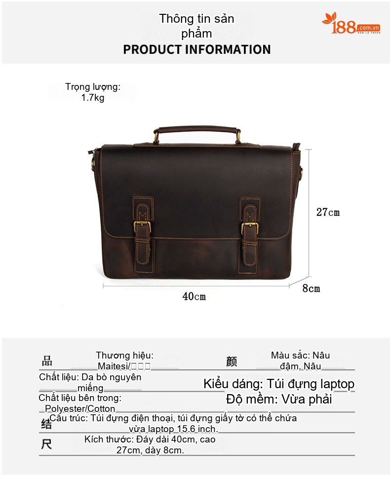 Cặp Công Sở Nam Da Bò Mad Horse Vintage Đeo Chéo Đựng Tài Liệu Màu Nâu Đậm chi tiết 6