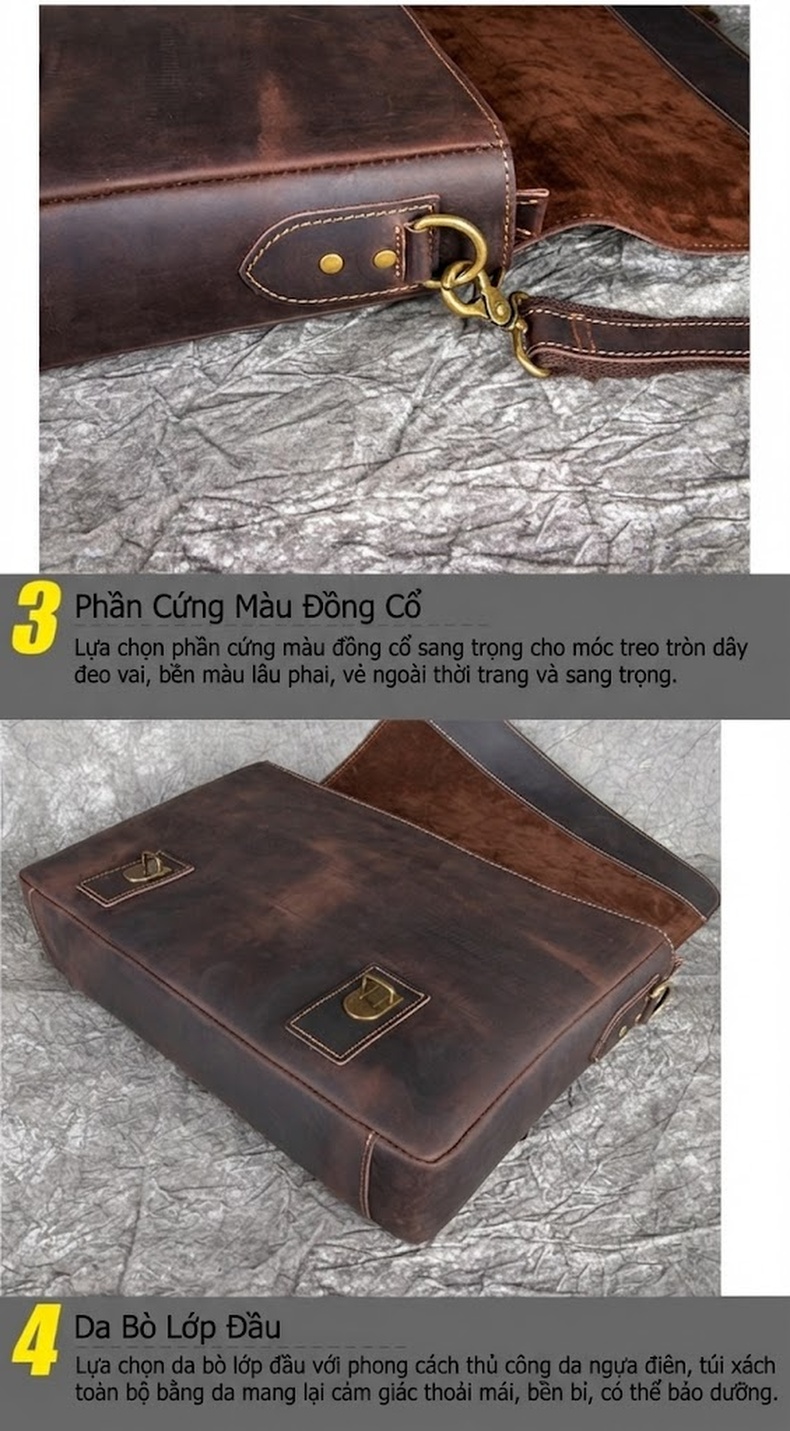 Cặp Công Sở Nam Da Bò Mad Horse Vintage Đeo Chéo Đựng Tài Liệu Màu Nâu Đậm chi tiết 15