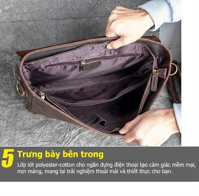 Cặp Công Sở Nam Da Bò Mad Horse Vintage Đeo Chéo Đựng Tài Liệu Màu Nâu Đậm chi tiết 16