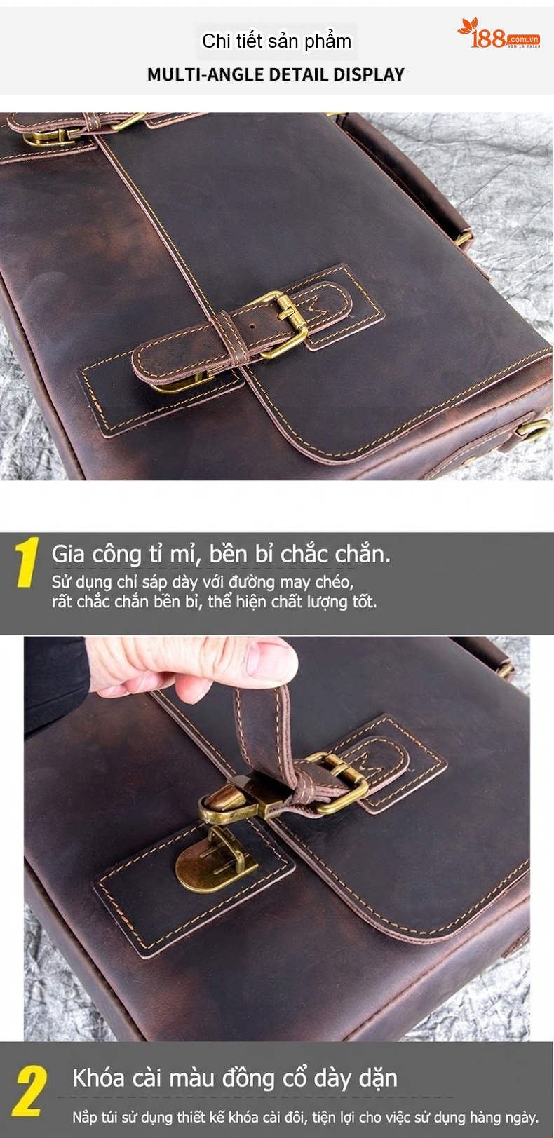 Cặp Công Sở Nam Da Bò Mad Horse Vintage Đeo Chéo Đựng Tài Liệu Màu Nâu Đậm chi tiết 14