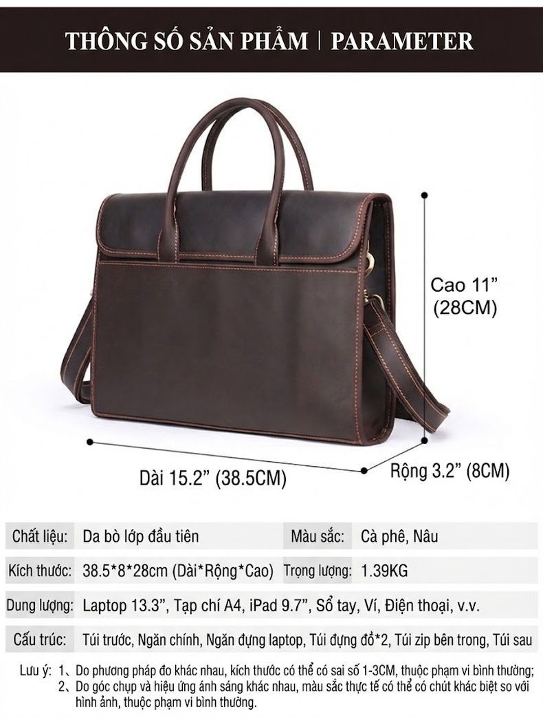 Cặp Công Sở Nam Da Bò Phong Cách Retro Cổ Điển, Túi Đựng Laptop Công Suất Lớn Màu Nâu chi tiết 3