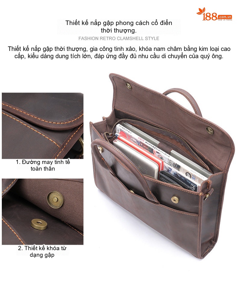 Cặp Công Sở Nam Da Bò Phong Cách Retro Cổ Điển, Túi Đựng Laptop Công Suất Lớn Màu Nâu chi tiết 8