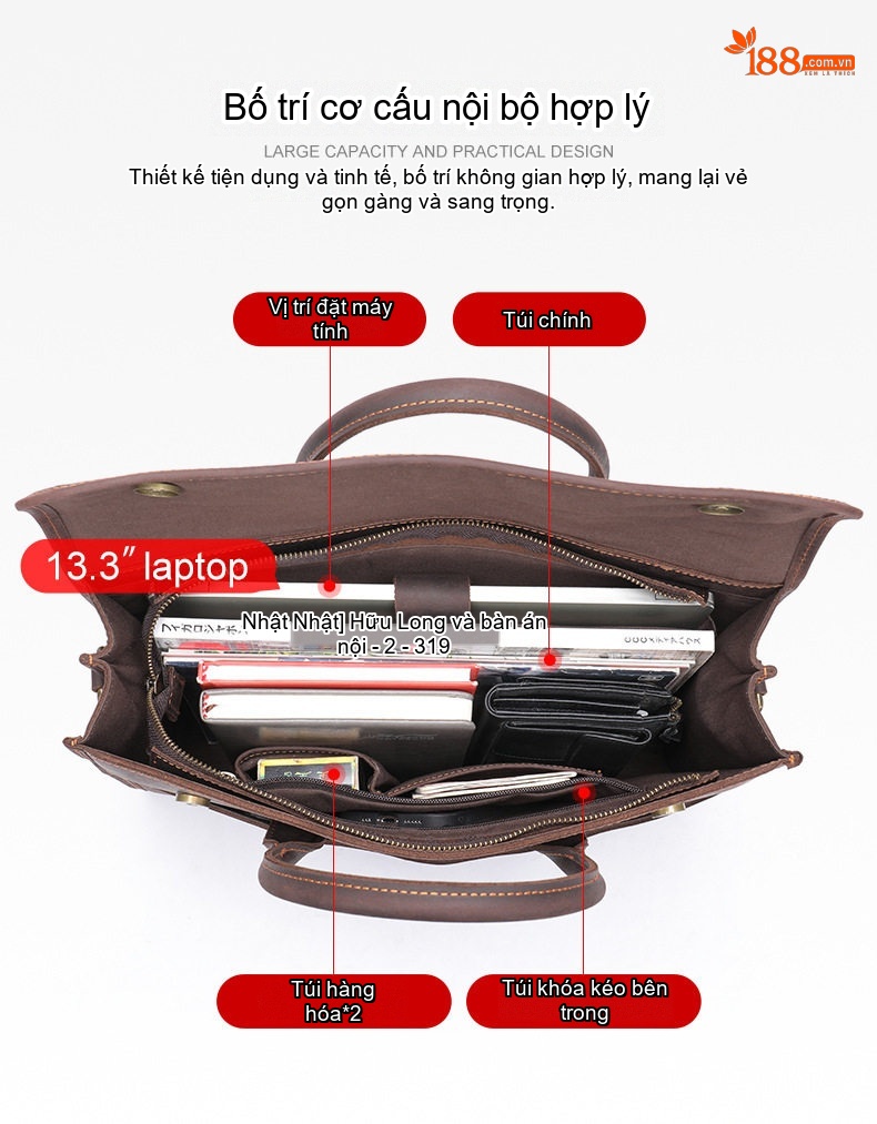 Cặp Công Sở Nam Da Bò Phong Cách Retro Cổ Điển, Túi Đựng Laptop Công Suất Lớn Màu Nâu chi tiết 9