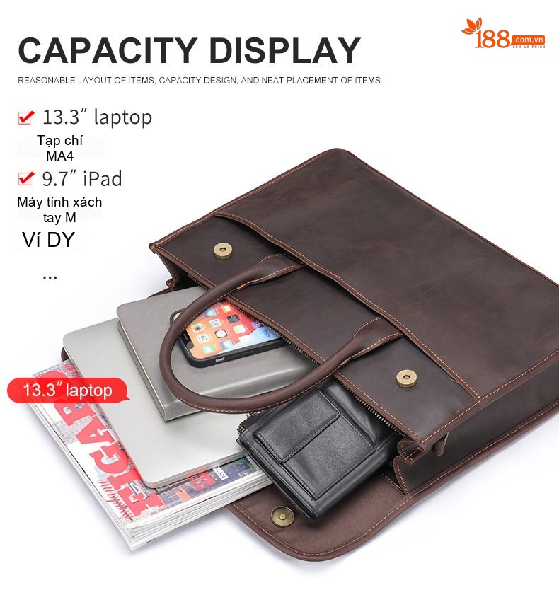 Cặp Công Sở Nam Da Bò Phong Cách Retro Cổ Điển, Túi Đựng Laptop Công Suất Lớn Màu Nâu chi tiết 11