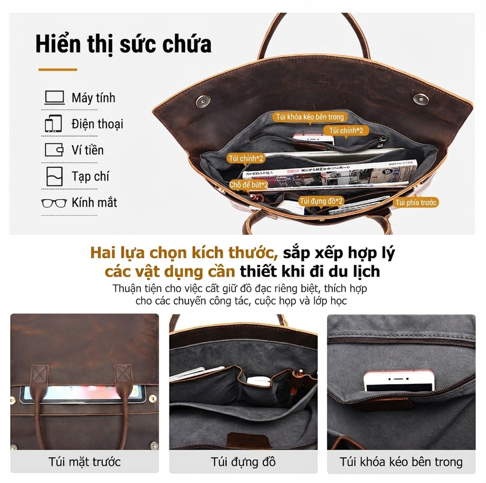 Cặp Công Sở Nam Da Bò Phong Cách Retro Cổ Điển, Túi Đựng Laptop Công Suất Lớn Màu Nâu