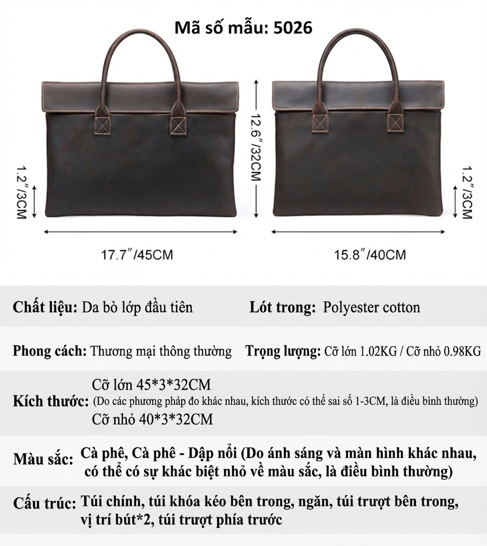 Cặp Công Sở Nam Da Bò Phong Cách Retro Cổ Điển, Túi Đựng Laptop Công Suất Lớn Màu Nâu chi tiết 4