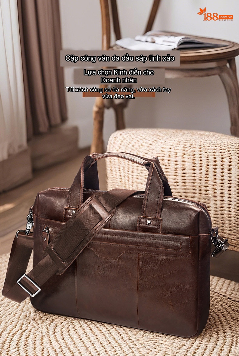 Cặp Công Sở Nam Da Bò Sáp Dầu Vintage Nhiều Ngăn Khóa Kéo Màu Nâu chi tiết 1