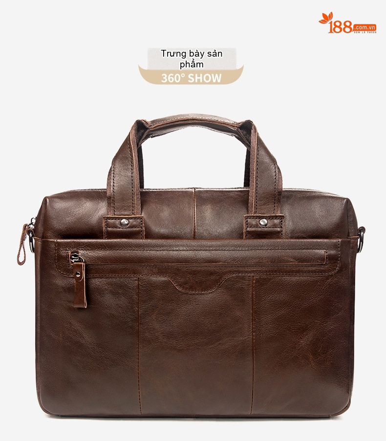 Cặp Công Sở Nam Da Bò Sáp Dầu Vintage Nhiều Ngăn Khóa Kéo Màu Nâu chi tiết 3