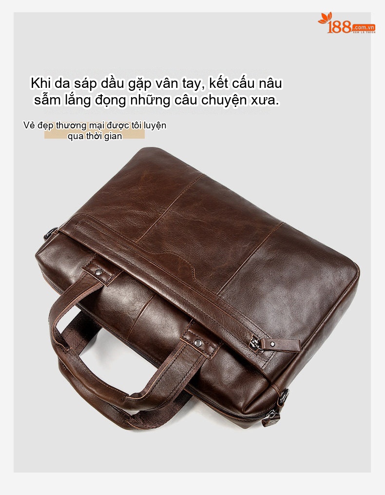 Cặp Công Sở Nam Da Bò Sáp Dầu Vintage Nhiều Ngăn Khóa Kéo Màu Nâu chi tiết 7