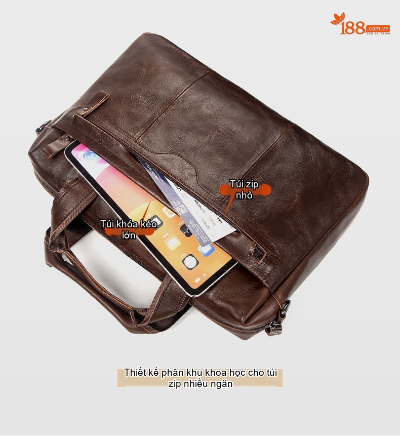 Cặp Công Sở Nam Da Bò Sáp Dầu Vintage Nhiều Ngăn Khóa Kéo Màu Nâu chi tiết 9