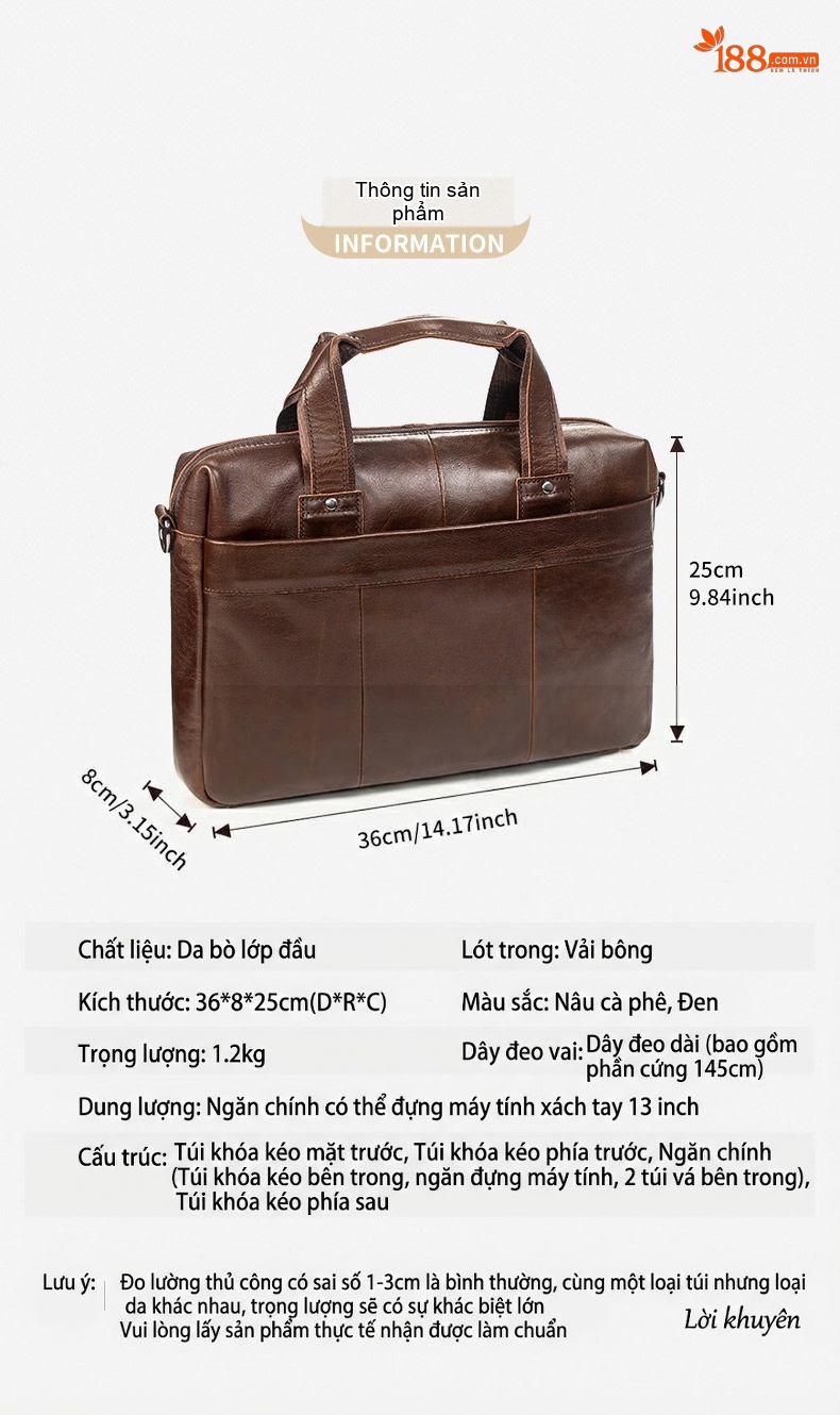 Cặp Công Sở Nam Da Bò Sáp Dầu Vintage Nhiều Ngăn Khóa Kéo Màu Nâu chi tiết 2