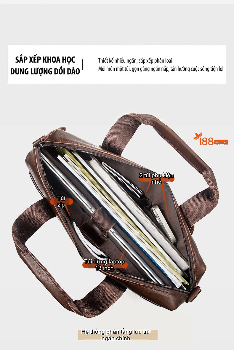 Cặp Công Sở Nam Da Bò Sáp Dầu Vintage Nhiều Ngăn Khóa Kéo Màu Nâu chi tiết 8