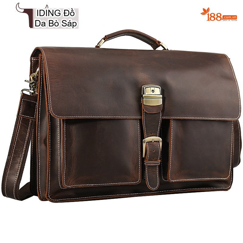 Cặp công sở nam da bò sáp đựng laptop 17 inch, túi xách tay kiêm đeo chéo