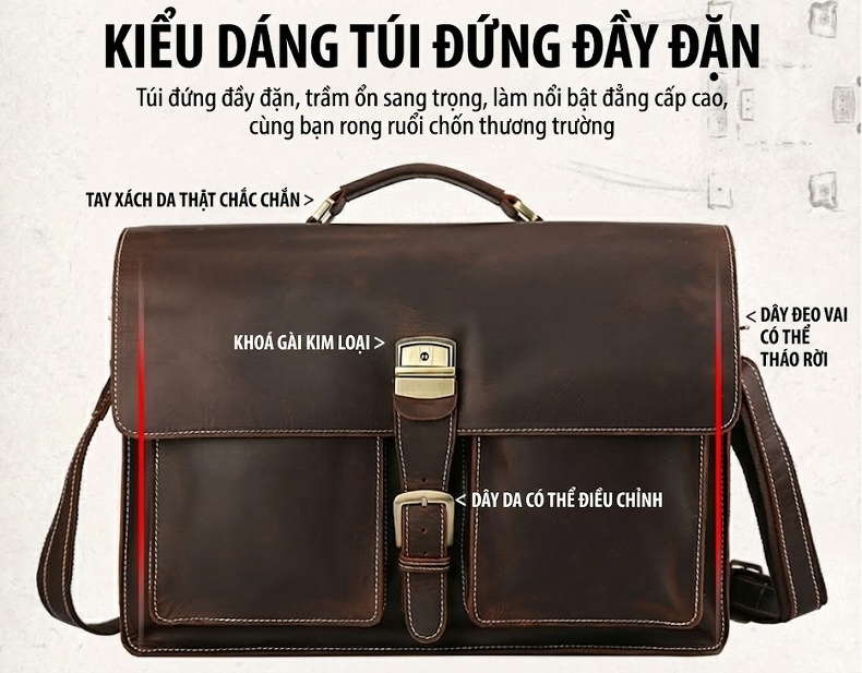 Cặp công sở nam da bò sáp đựng laptop 17 inch, túi xách tay kiêm đeo chéo chi tiết 10