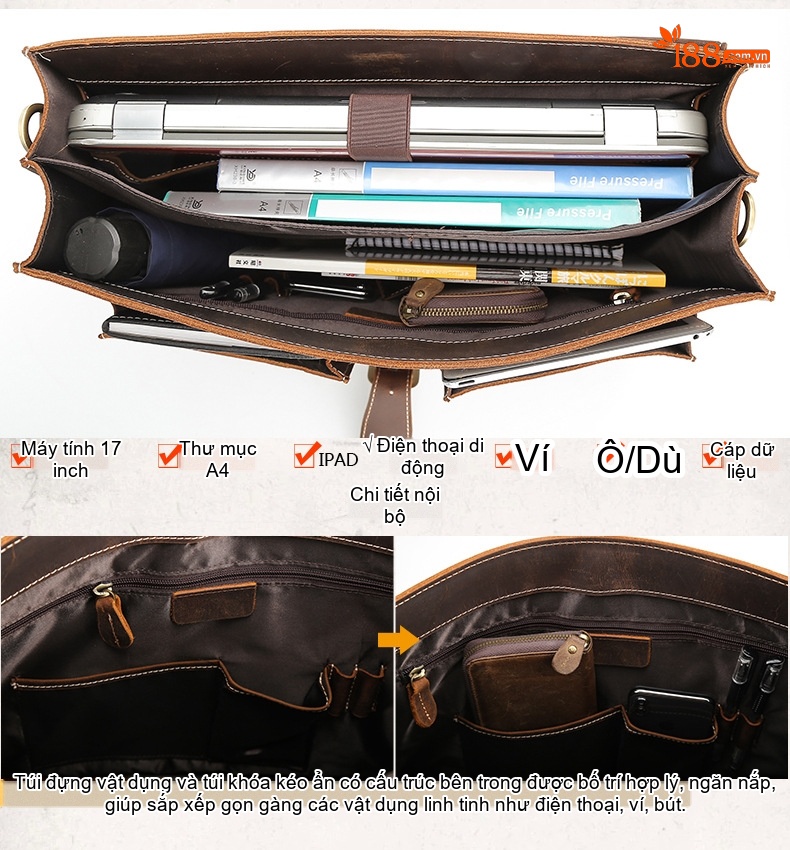 Cặp công sở nam da bò sáp đựng laptop 17 inch, túi xách tay kiêm đeo chéo chi tiết 6