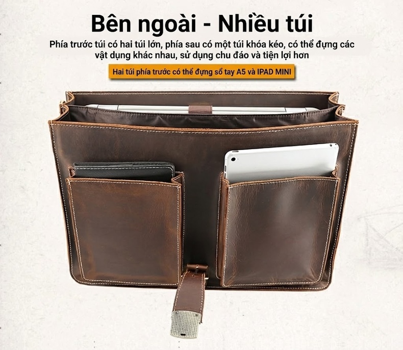 Cặp công sở nam da bò sáp đựng laptop 17 inch, túi xách tay kiêm đeo chéo chi tiết 7
