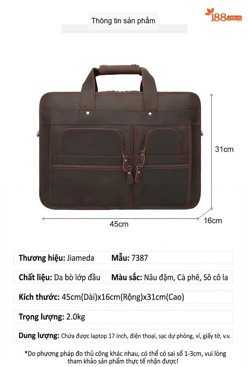 Cặp Công Sở Nam Da Bò Thật Đựng Laptop 17 Inch Phong Cách Vintage Màu Nâu chi tiết 1