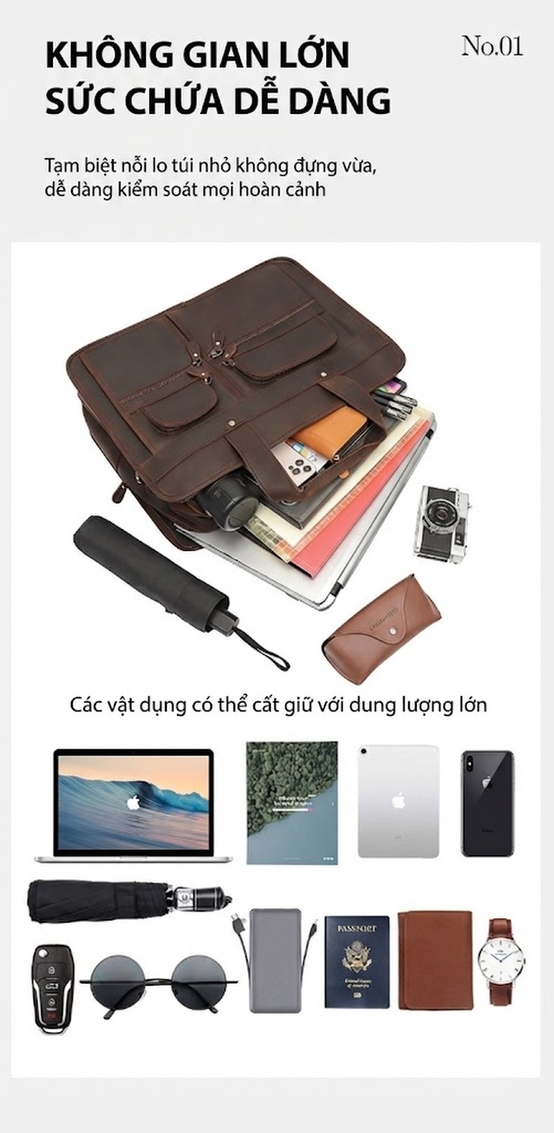 Cặp Công Sở Nam Da Bò Thật Đựng Laptop 17 Inch Phong Cách Vintage Màu Nâu chi tiết 5