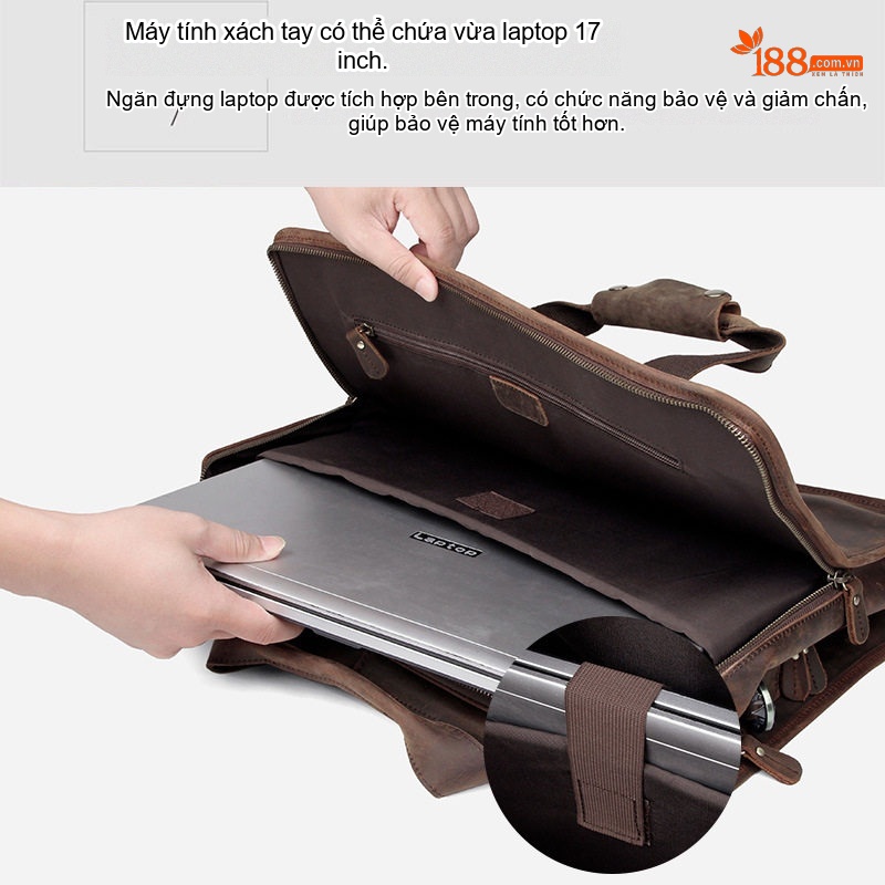 Cặp Công Sở Nam Da Bò Thật Đựng Laptop 17 Inch Phong Cách Vintage Màu Nâu
