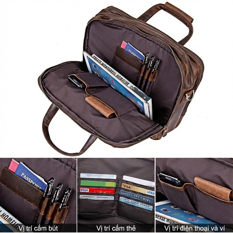 Cặp Công Sở Nam Da Bò Thật Vintage Đựng Laptop Màu Nâu