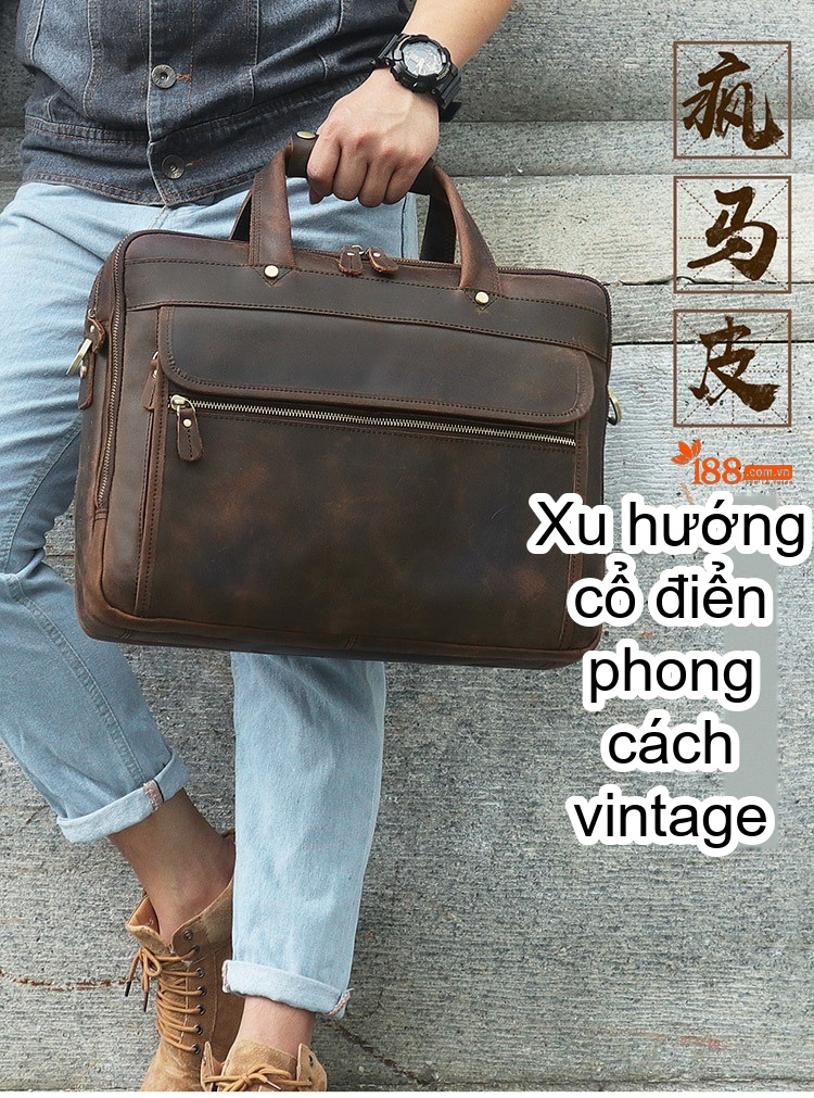 Cặp Công Sở Nam Da Bò Thật Vintage Đựng Laptop Màu Nâu chi tiết 1