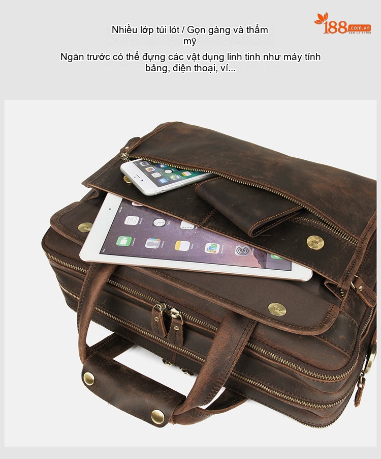 Cặp Công Sở Nam Da Bò Thật Vintage Đựng Laptop Màu Nâu chi tiết 4
