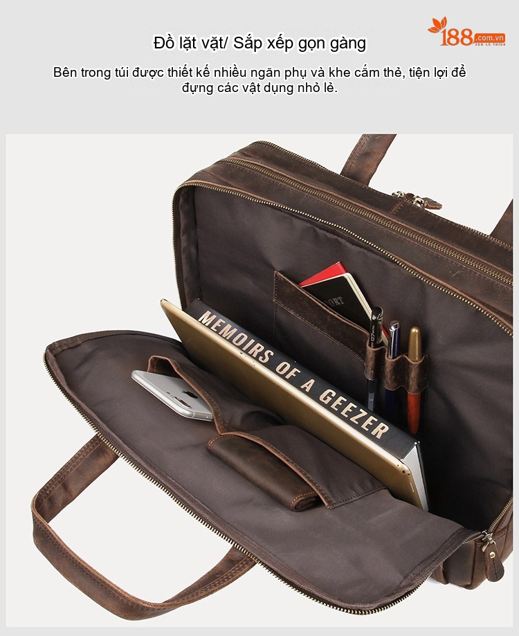 Cặp Công Sở Nam Da Bò Thật Vintage Đựng Laptop Màu Nâu chi tiết 5