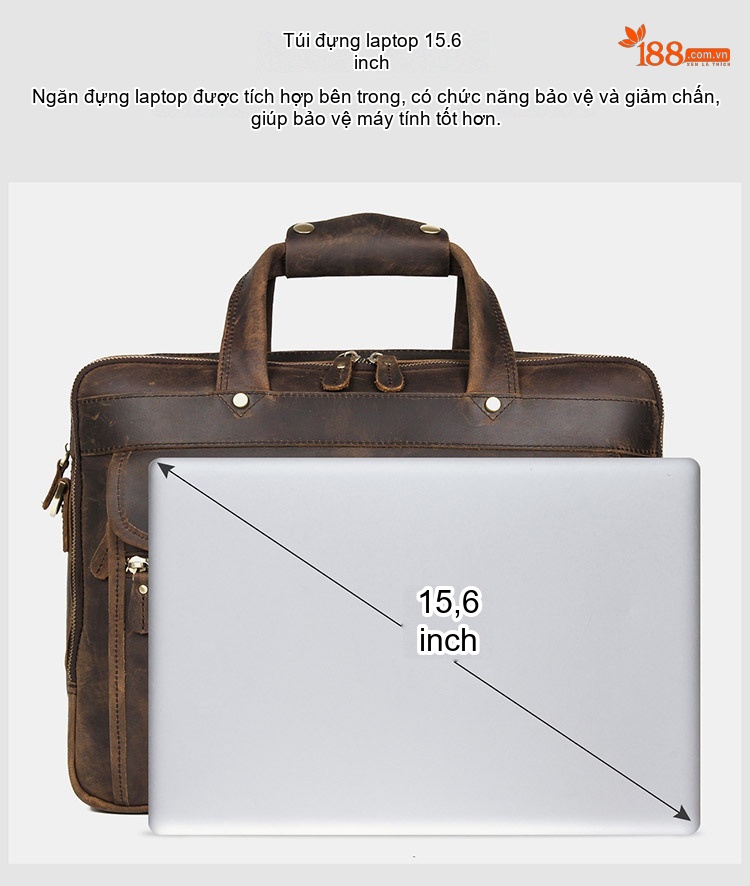 Cặp Công Sở Nam Da Bò Thật Vintage Đựng Laptop Màu Nâu chi tiết 7