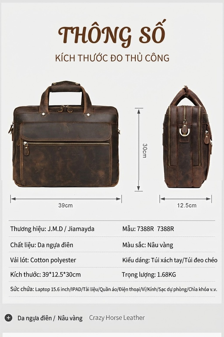Cặp Công Sở Nam Da Bò Thật Vintage Đựng Laptop Màu Nâu chi tiết 10