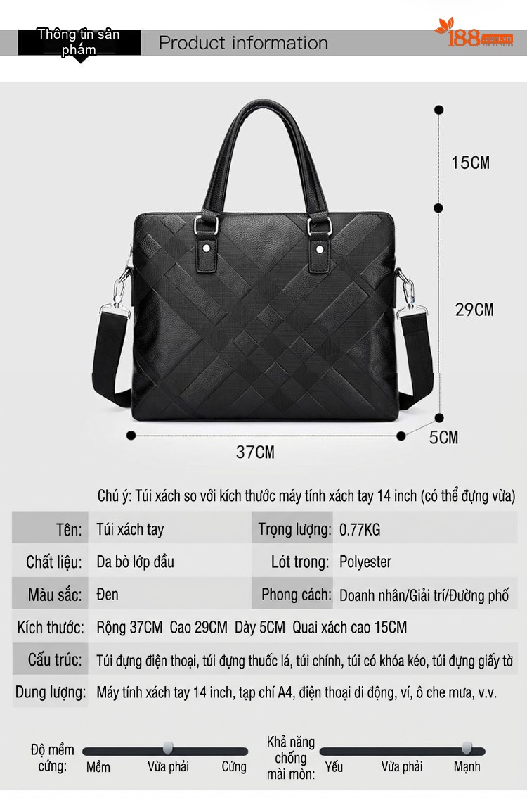 Cặp Công Sở Nam Da Bò Túi Xách Tay Đeo Vai Ngang Khóa Kéo Màu Đen chi tiết 1