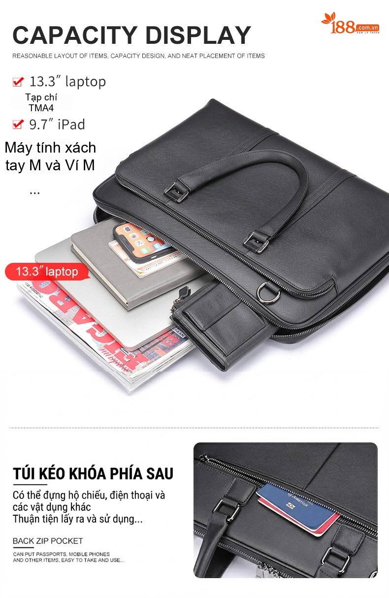 Cặp Công Sở Nam Da Bò Vân Sọc Chéo Đựng Laptop 13.3 inch Màu Đen chi tiết 10