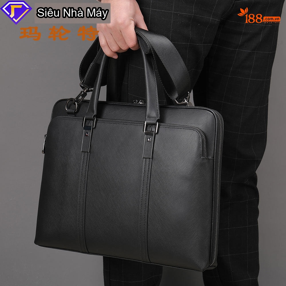 Cặp Công Sở Nam Da Bò Vân Sọc Chéo Đựng Laptop 13.3 inch Màu Đen