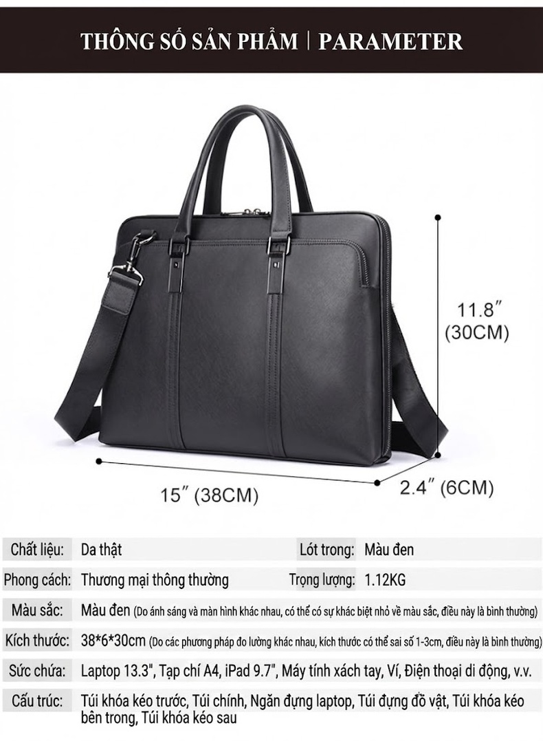 Cặp Công Sở Nam Da Bò Vân Sọc Chéo Đựng Laptop 13.3 inch Màu Đen chi tiết 2