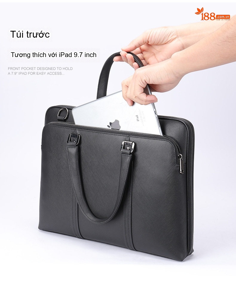 Cặp Công Sở Nam Da Bò Vân Sọc Chéo Đựng Laptop 13.3 inch Màu Đen chi tiết 11
