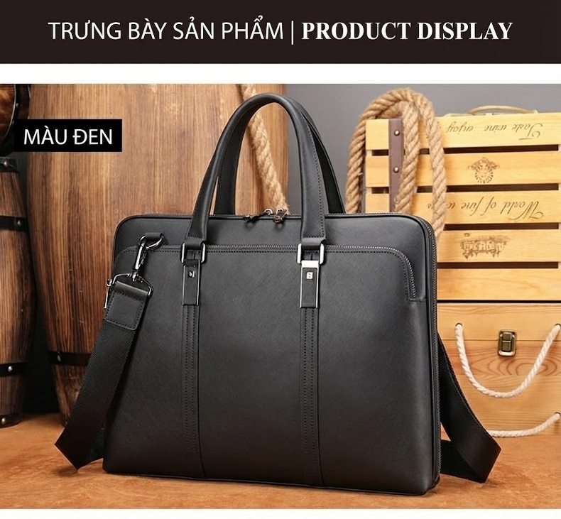 Cặp Công Sở Nam Da Bò Vân Sọc Chéo Đựng Laptop 13.3 inch Màu Đen chi tiết 12