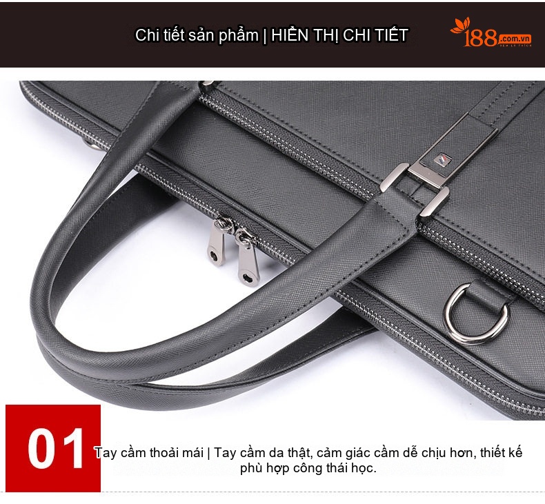 Cặp Công Sở Nam Da Bò Vân Sọc Chéo Đựng Laptop 13.3 inch Màu Đen chi tiết 16