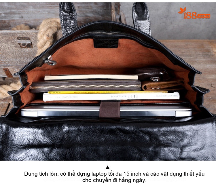 Cặp Công Sở Nam Da Bò Vân Tay Xách Tay Đựng Laptop 15 Inch Màu Đen chi tiết 11