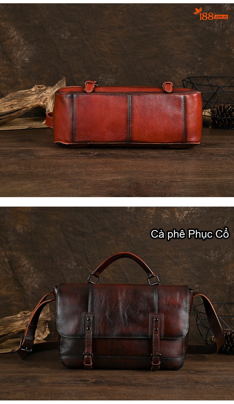 Cặp Công Sở Nam Da Bò Vintage Túi Đựng Laptop Đeo Vai Đeo Chéo Màu Nâu chi tiết 6