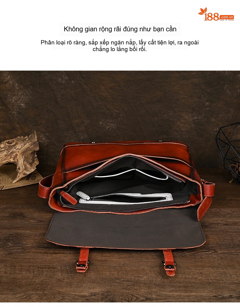 Cặp Công Sở Nam Da Bò Vintage Túi Đựng Laptop Đeo Vai Đeo Chéo Màu Nâu chi tiết 8