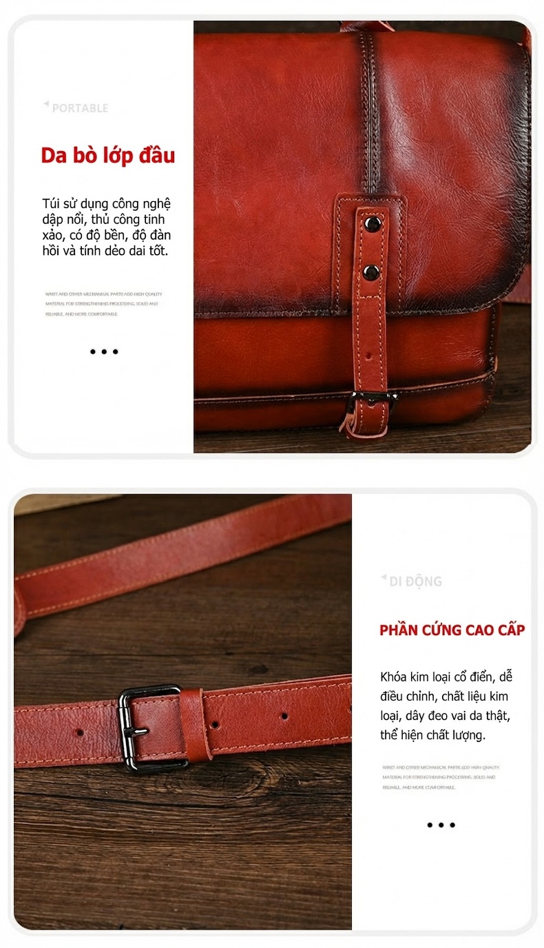 Cặp Công Sở Nam Da Bò Vintage Túi Đựng Laptop Đeo Vai Đeo Chéo Màu Nâu chi tiết 11