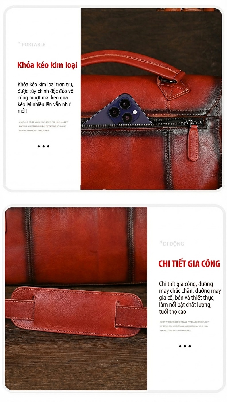 Cặp Công Sở Nam Da Bò Vintage Túi Đựng Laptop Đeo Vai Đeo Chéo Màu Nâu chi tiết 12