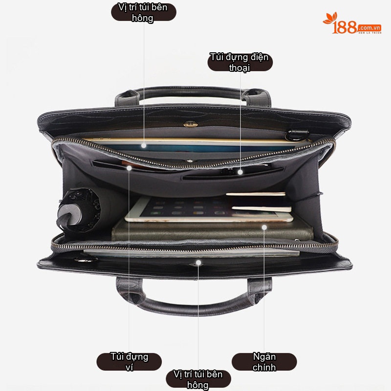 Cặp Công Sở Nam Da Bóng Vân Cá Sấu Đựng Laptop Có Dây Đeo Màu Đen